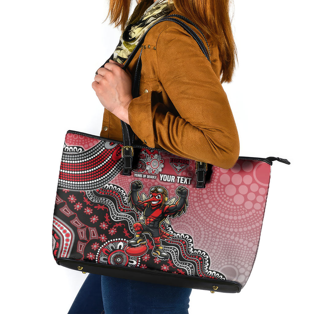 Personalized Essendon Bombers Mascot Leather Tote Bag Aboriginal Dot Art Style Vibrant Indigenous Pattern Design