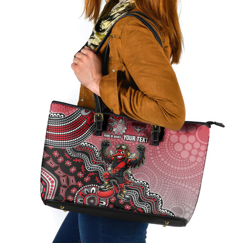 Personalized Essendon Bombers Mascot Leather Tote Bag Aboriginal Dot Art Style Vibrant Indigenous Pattern Design