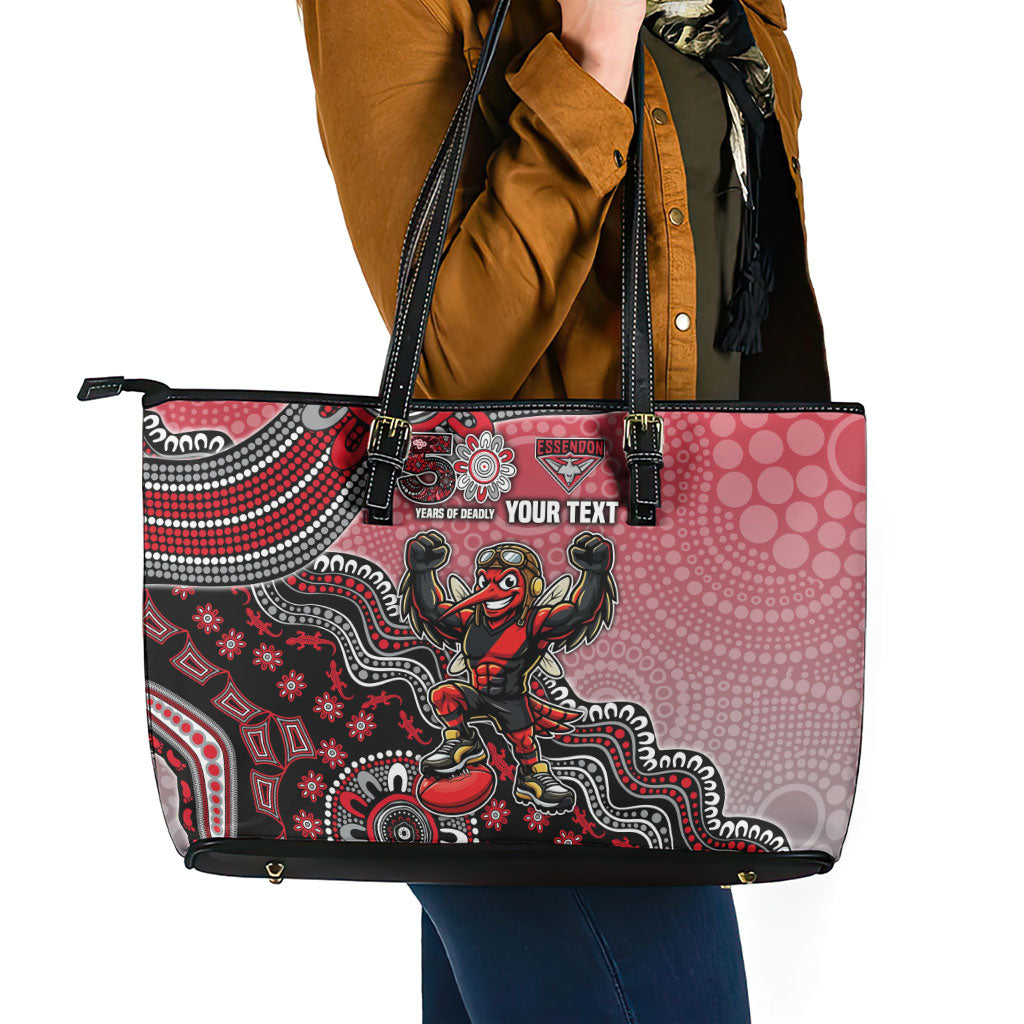 Personalized Essendon Bombers Mascot Leather Tote Bag Aboriginal Dot Art Style Vibrant Indigenous Pattern Design