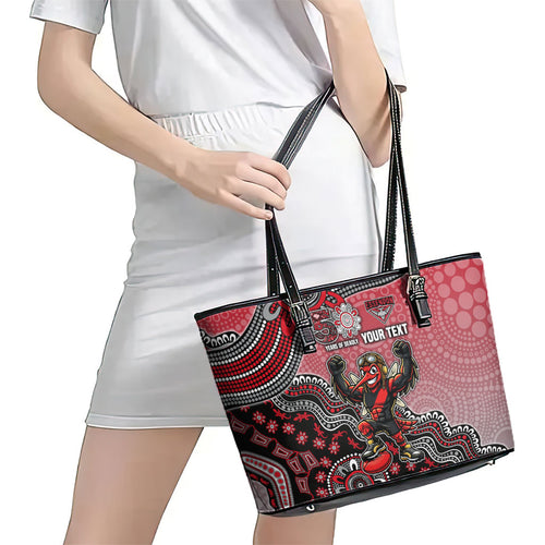 Personalized Essendon Bombers Mascot Leather Tote Bag Aboriginal Dot Art Style Vibrant Indigenous Pattern Design