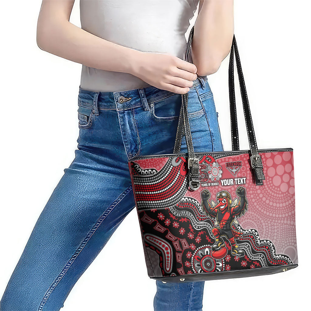 Personalized Essendon Bombers Mascot Leather Tote Bag Aboriginal Dot Art Style Vibrant Indigenous Pattern Design