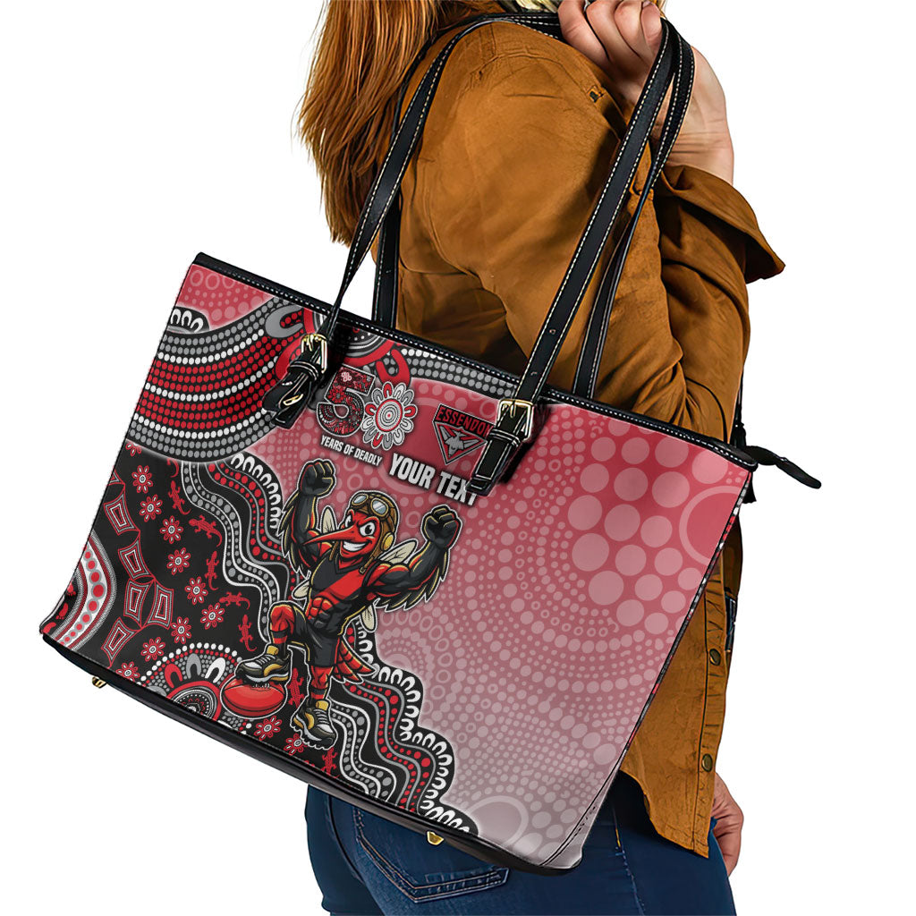 Personalized Essendon Bombers Mascot Leather Tote Bag Aboriginal Dot Art Style Vibrant Indigenous Pattern Design