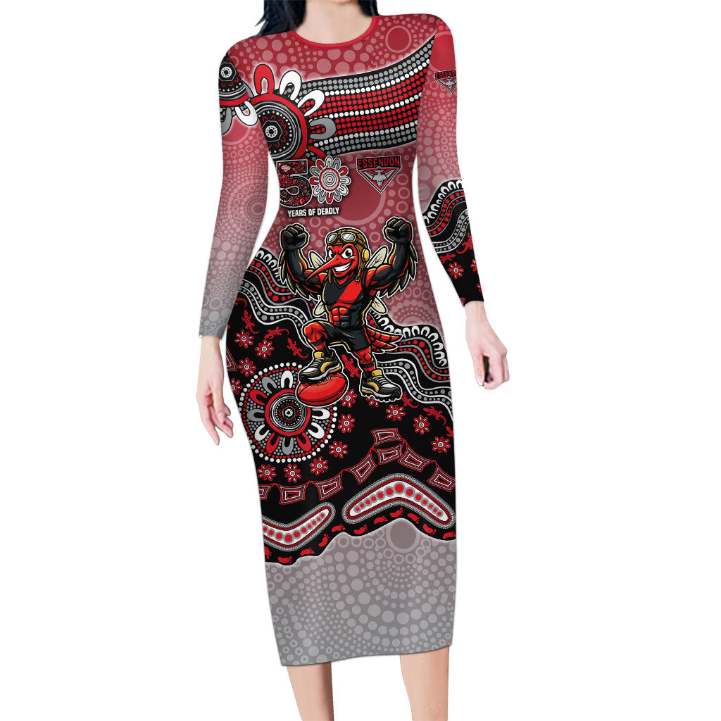 Personalized Essendon Bombers Mascot Long Sleeve Bodycon Dress Aboriginal Dot Art Style Vibrant Indigenous Pattern Design
