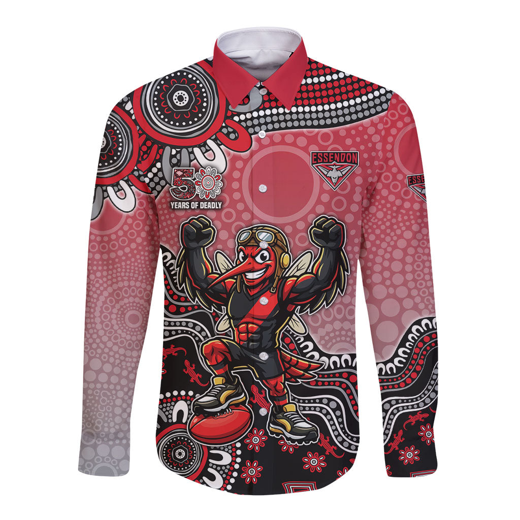 Personalized Essendon Bombers Mascot Long Sleeve Button Shirt Aboriginal Dot Art Style Vibrant Indigenous Pattern Design