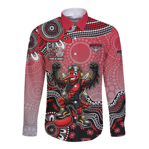 Personalized Essendon Bombers Mascot Long Sleeve Button Shirt Aboriginal Dot Art Style Vibrant Indigenous Pattern Design