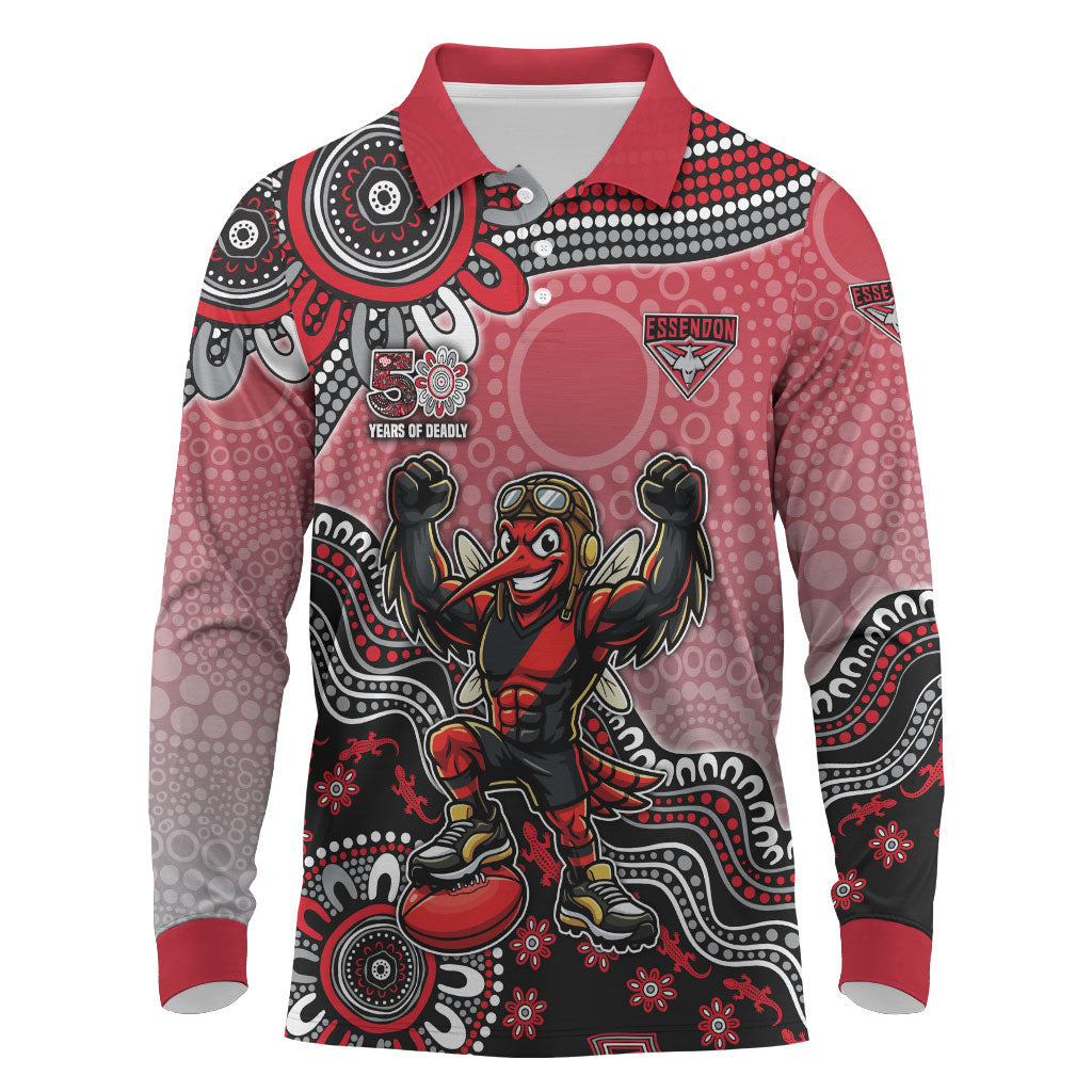 Personalized Essendon Bombers Mascot Long Sleeve Polo Shirt Aboriginal Dot Art Style Vibrant Indigenous Pattern Design
