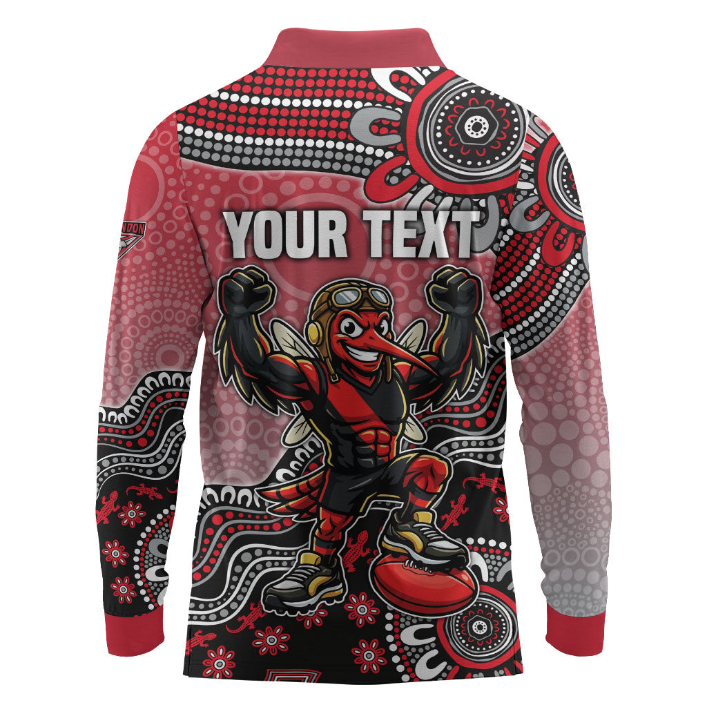 Personalized Essendon Bombers Mascot Long Sleeve Polo Shirt Aboriginal Dot Art Style Vibrant Indigenous Pattern Design