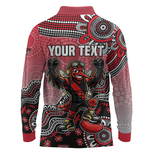 Personalized Essendon Bombers Mascot Long Sleeve Polo Shirt Aboriginal Dot Art Style Vibrant Indigenous Pattern Design