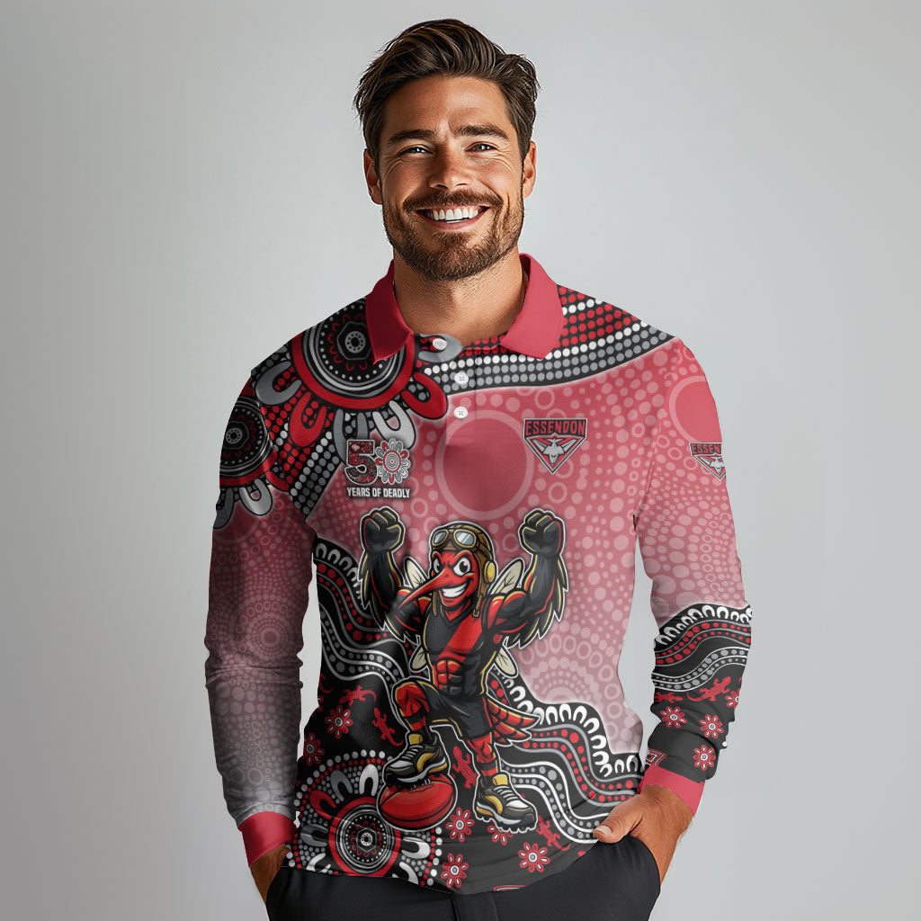 Personalized Essendon Bombers Mascot Long Sleeve Polo Shirt Aboriginal Dot Art Style Vibrant Indigenous Pattern Design