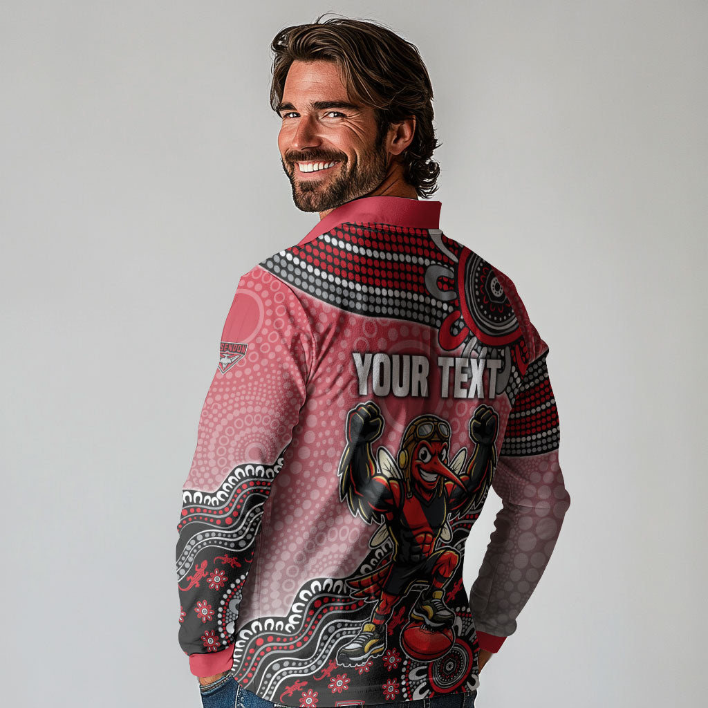 Personalized Essendon Bombers Mascot Long Sleeve Polo Shirt Aboriginal Dot Art Style Vibrant Indigenous Pattern Design