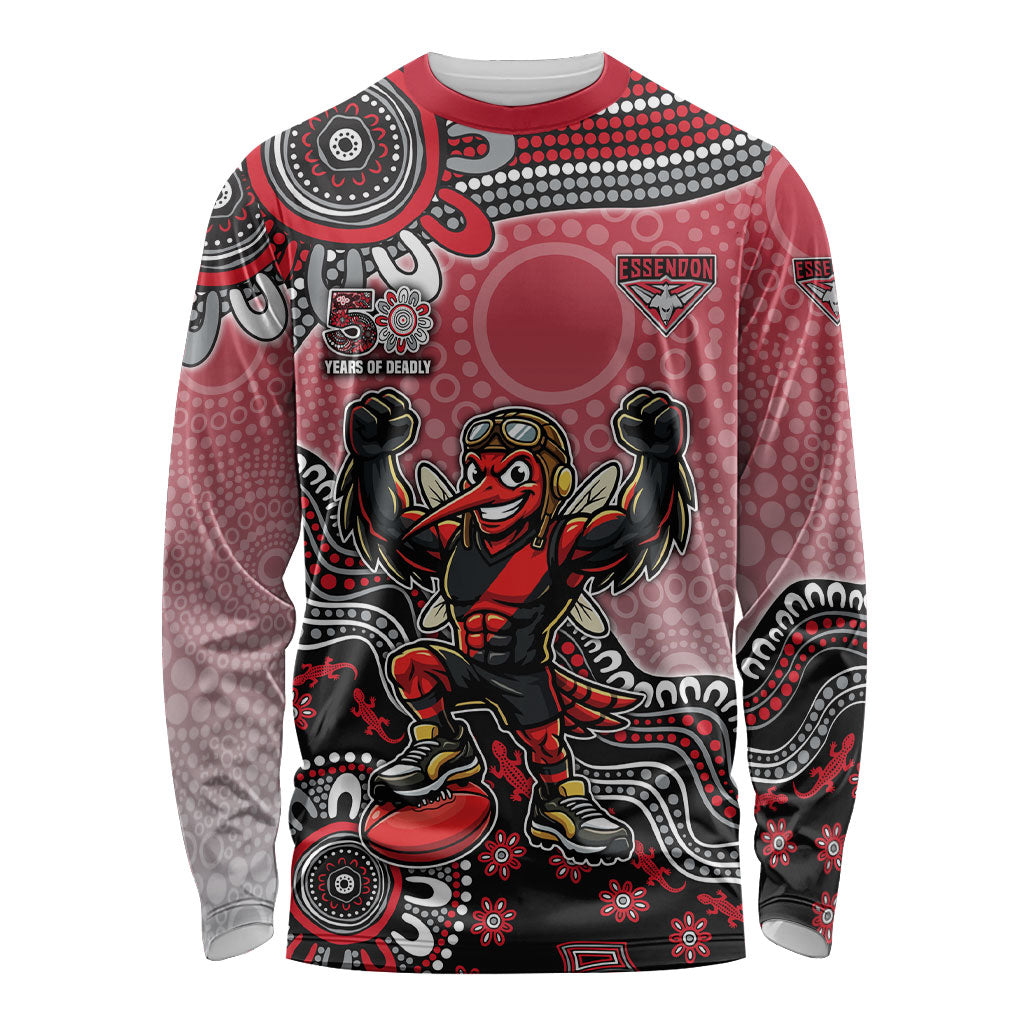 Personalized Essendon Bombers Mascot Long Sleeve Shirt Aboriginal Dot Art Style Vibrant Indigenous Pattern Design