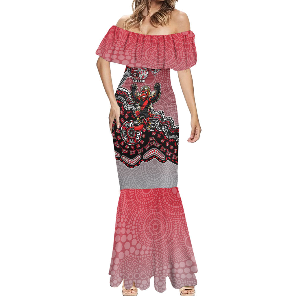 Personalized Essendon Bombers Mascot Mermaid Dress Aboriginal Dot Art Style Vibrant Indigenous Pattern Design