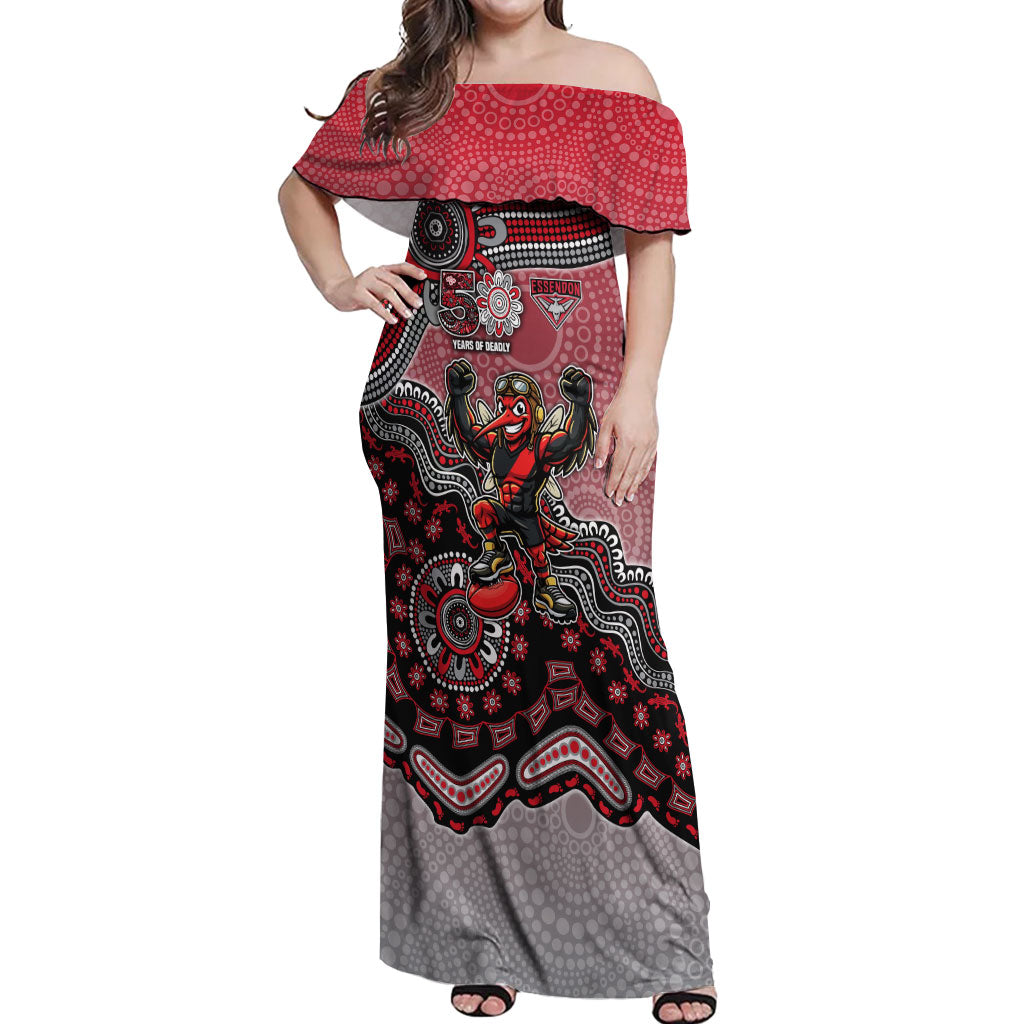 Personalized Essendon Bombers Mascot Off Shoulder Maxi Dress Aboriginal Dot Art Style Vibrant Indigenous Pattern Design