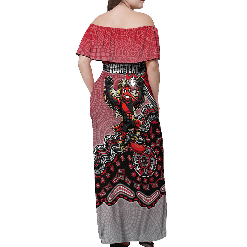 Personalized Essendon Bombers Mascot Off Shoulder Maxi Dress Aboriginal Dot Art Style Vibrant Indigenous Pattern Design