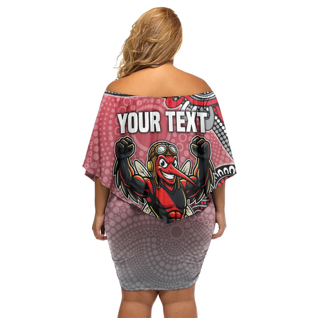 Personalized Essendon Bombers Mascot Off Shoulder Short Dress Aboriginal Dot Art Style Vibrant Indigenous Pattern Design