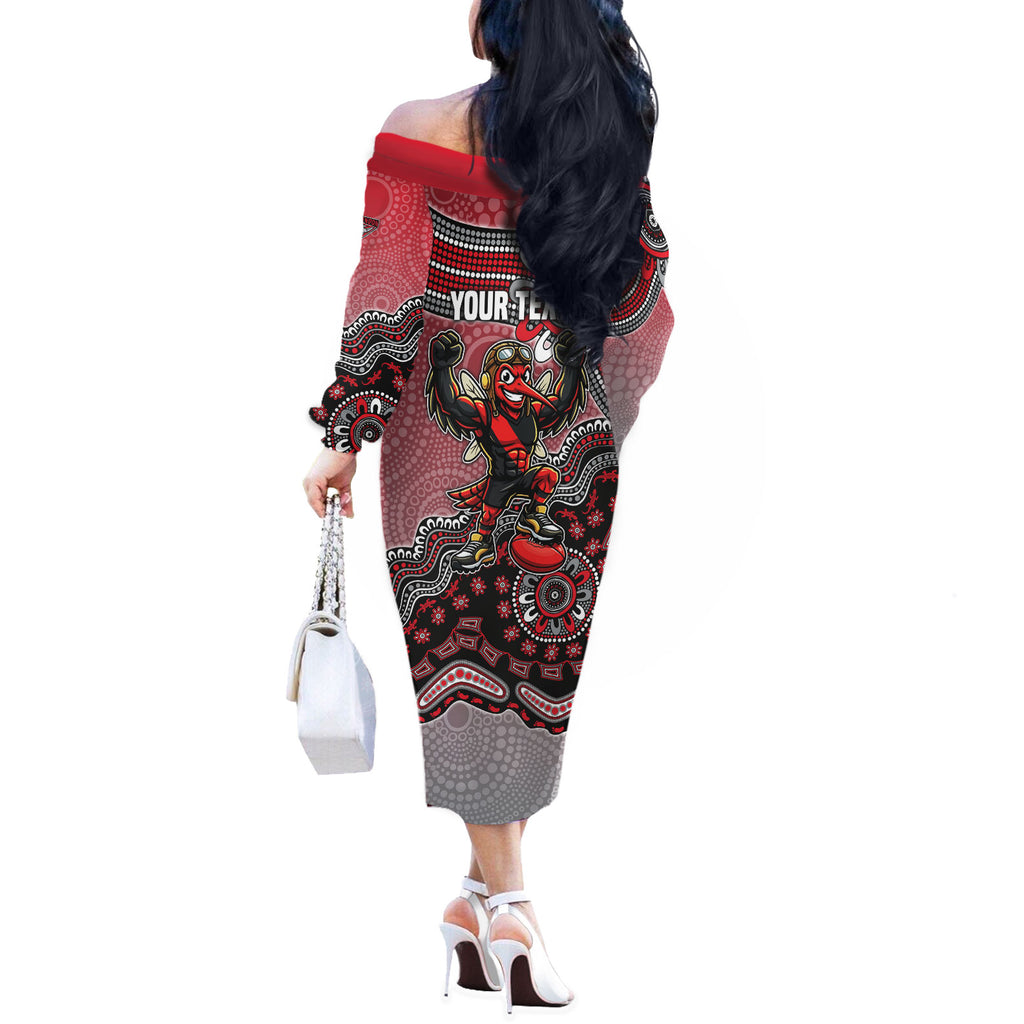 Personalized Essendon Bombers Mascot Off The Shoulder Long Sleeve Dress Aboriginal Dot Art Style Vibrant Indigenous Pattern Design