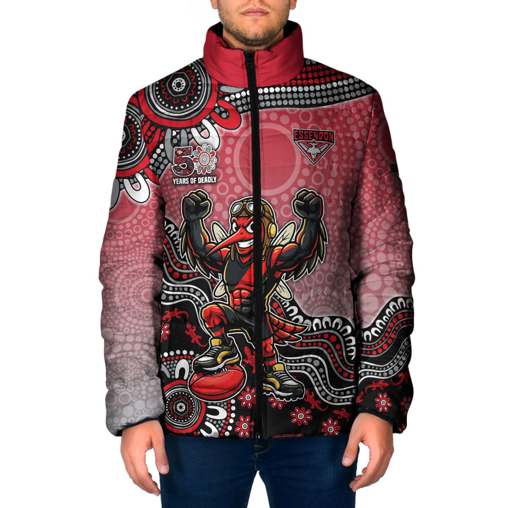 Personalized Essendon Bombers Mascot Padded Jacket Aboriginal Dot Art Style Vibrant Indigenous Pattern Design