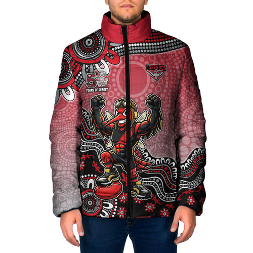 Personalized Essendon Bombers Mascot Padded Jacket Aboriginal Dot Art Style Vibrant Indigenous Pattern Design