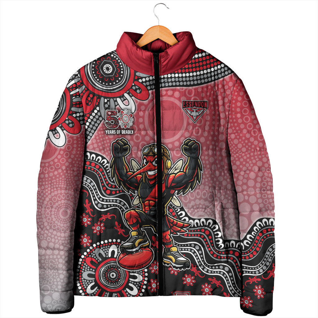 Personalized Essendon Bombers Mascot Padded Jacket Aboriginal Dot Art Style Vibrant Indigenous Pattern Design