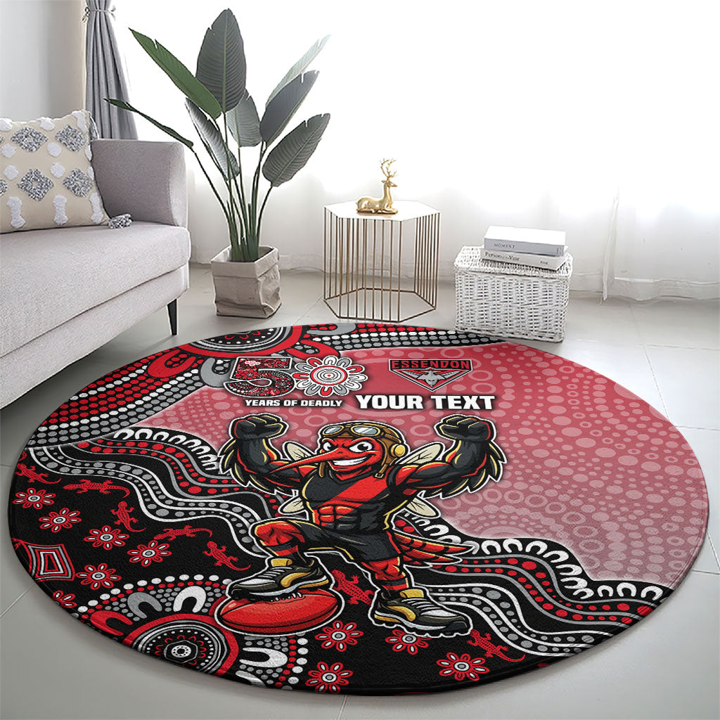 Personalized Essendon Bombers Mascot Round Carpet Aboriginal Dot Art Style Vibrant Indigenous Pattern Design