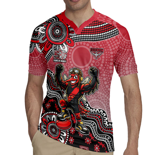 Personalized Essendon Bombers Mascot Rugby Jersey Aboriginal Dot Art Style Vibrant Indigenous Pattern Design