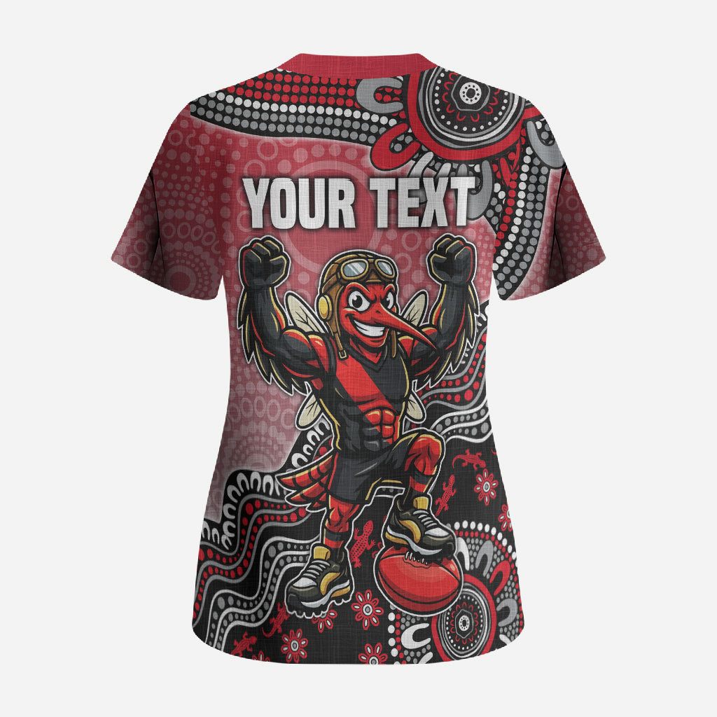 Personalized Essendon Bombers Mascot Scrub Top Aboriginal Dot Art Style Vibrant Indigenous Pattern Design