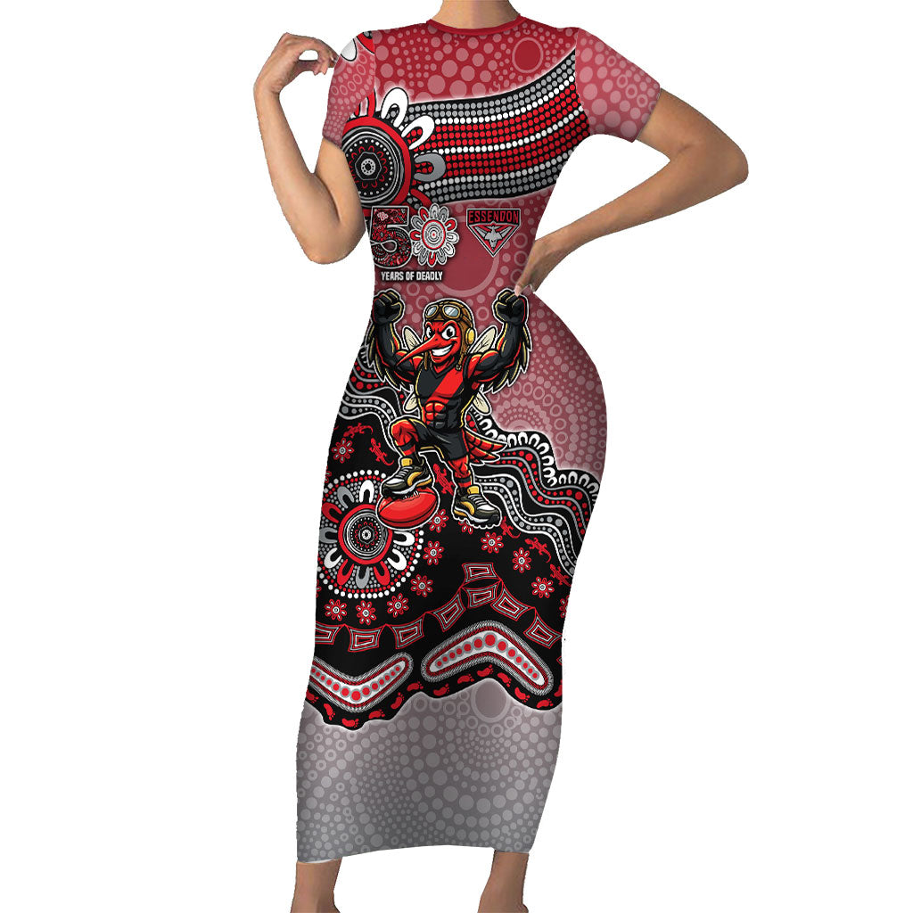 Personalized Essendon Bombers Mascot Short Sleeve Bodycon Dress Aboriginal Dot Art Style Vibrant Indigenous Pattern Design