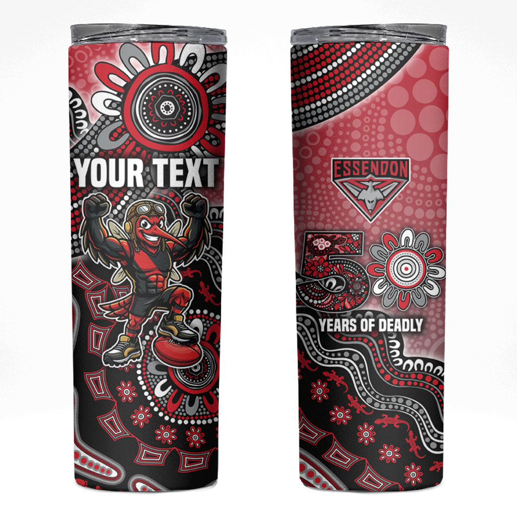 Personalized Essendon Bombers Mascot Skinny Tumbler Aboriginal Dot Art Style Vibrant Indigenous Pattern Design