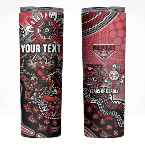 Personalized Essendon Bombers Mascot Skinny Tumbler Aboriginal Dot Art Style Vibrant Indigenous Pattern Design
