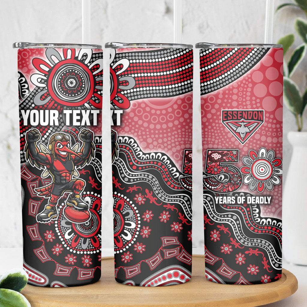 Personalized Essendon Bombers Mascot Skinny Tumbler Aboriginal Dot Art Style Vibrant Indigenous Pattern Design