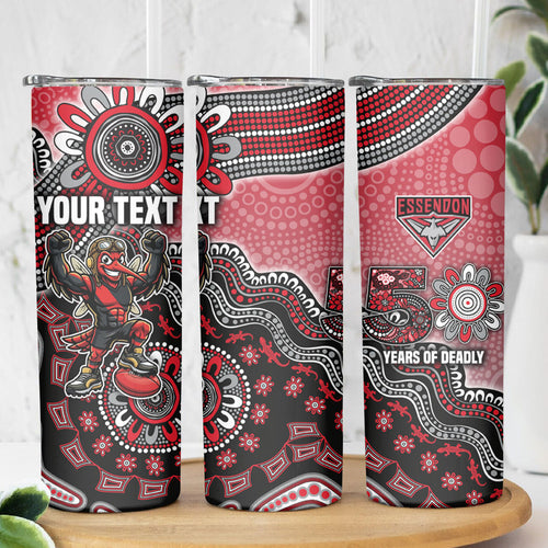 Personalized Essendon Bombers Mascot Skinny Tumbler Aboriginal Dot Art Style Vibrant Indigenous Pattern Design