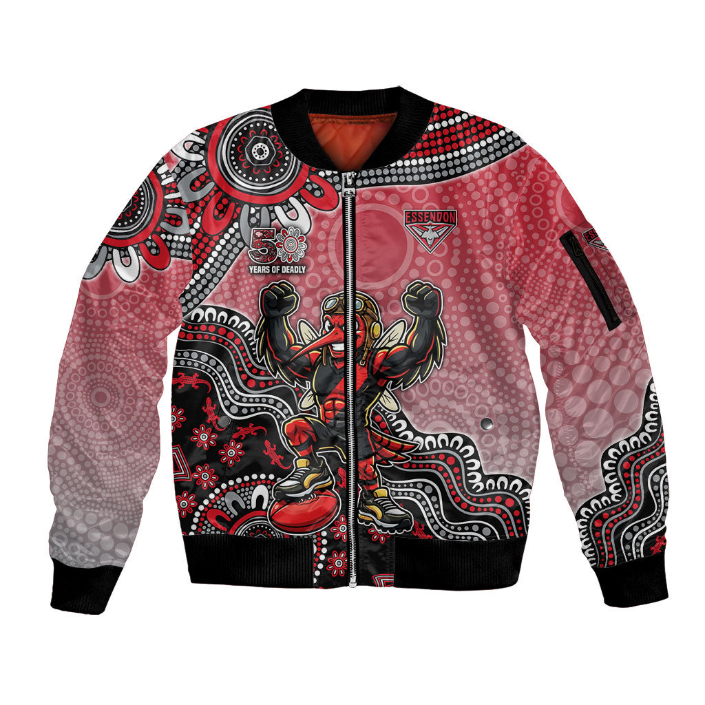 Personalized Essendon Bombers Mascot Sleeve Zip Bomber Jacket Aboriginal Dot Art Style Vibrant Indigenous Pattern Design