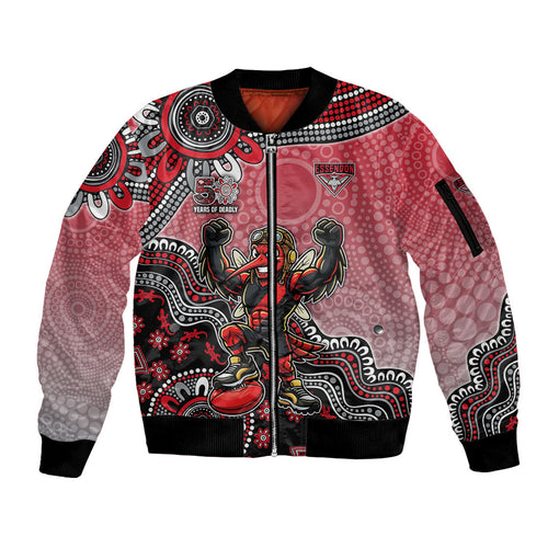 Personalized Essendon Bombers Mascot Sleeve Zip Bomber Jacket Aboriginal Dot Art Style Vibrant Indigenous Pattern Design