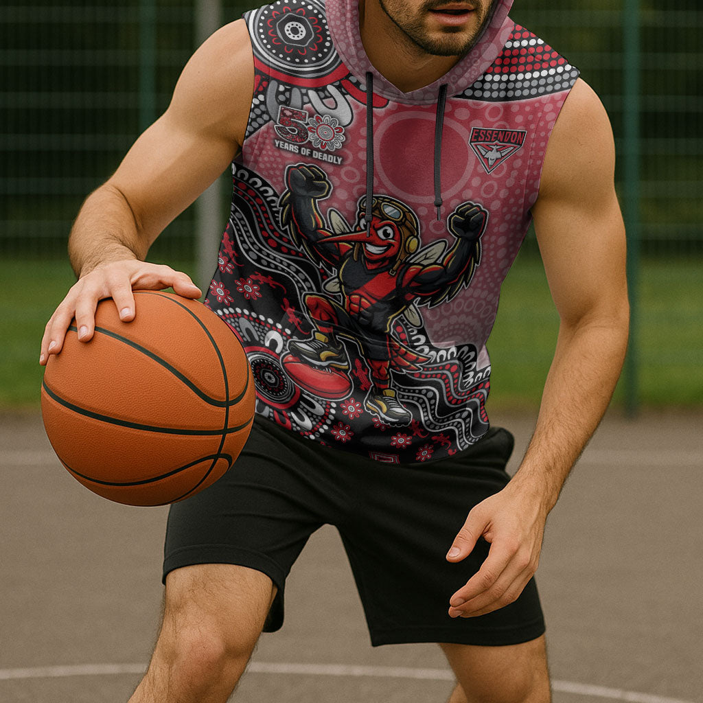 Personalized Essendon Bombers Mascot Sleeveless Hoodie Aboriginal Dot Art Style Vibrant Indigenous Pattern Design