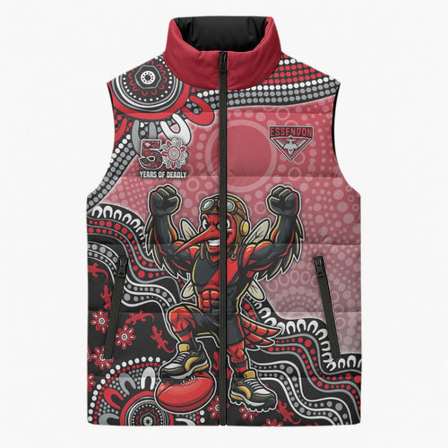 Personalized Essendon Bombers Mascot Sleeveless Puffer Jacket Aboriginal Dot Art Style Vibrant Indigenous Pattern Design
