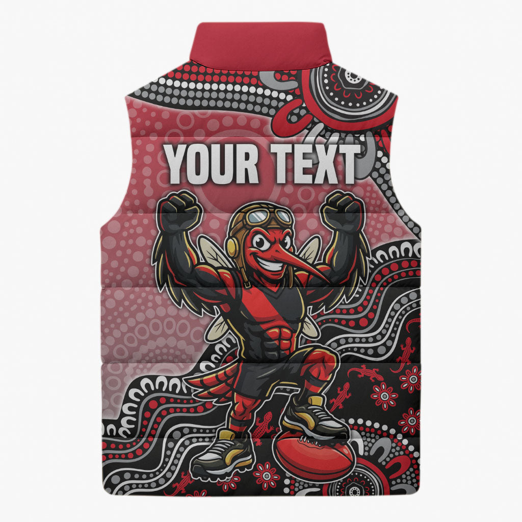 Personalized Essendon Bombers Mascot Sleeveless Puffer Jacket Aboriginal Dot Art Style Vibrant Indigenous Pattern Design