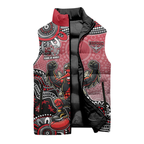 Personalized Essendon Bombers Mascot Sleeveless Puffer Jacket Aboriginal Dot Art Style Vibrant Indigenous Pattern Design