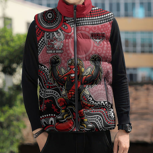 Personalized Essendon Bombers Mascot Sleeveless Puffer Jacket Aboriginal Dot Art Style Vibrant Indigenous Pattern Design