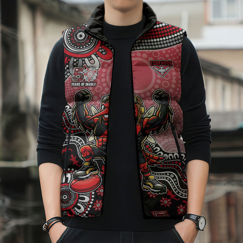 Personalized Essendon Bombers Mascot Sleeveless Puffer Jacket Aboriginal Dot Art Style Vibrant Indigenous Pattern Design