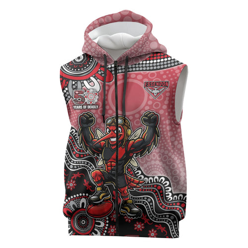 Personalized Essendon Bombers Mascot Sleeveless Zip Hoodie Aboriginal Dot Art Style Vibrant Indigenous Pattern Design