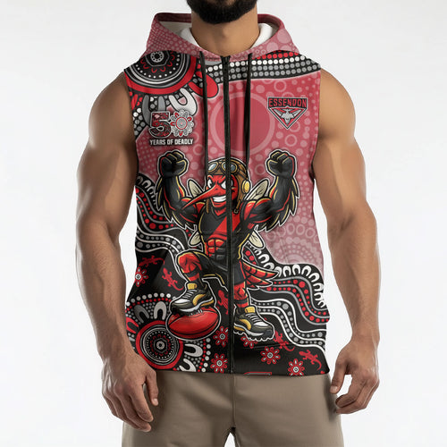 Personalized Essendon Bombers Mascot Sleeveless Zip Hoodie Aboriginal Dot Art Style Vibrant Indigenous Pattern Design