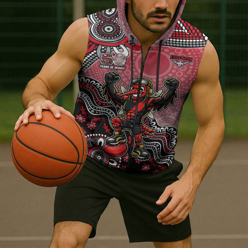 Personalized Essendon Bombers Mascot Sleeveless Zip Hoodie Aboriginal Dot Art Style Vibrant Indigenous Pattern Design