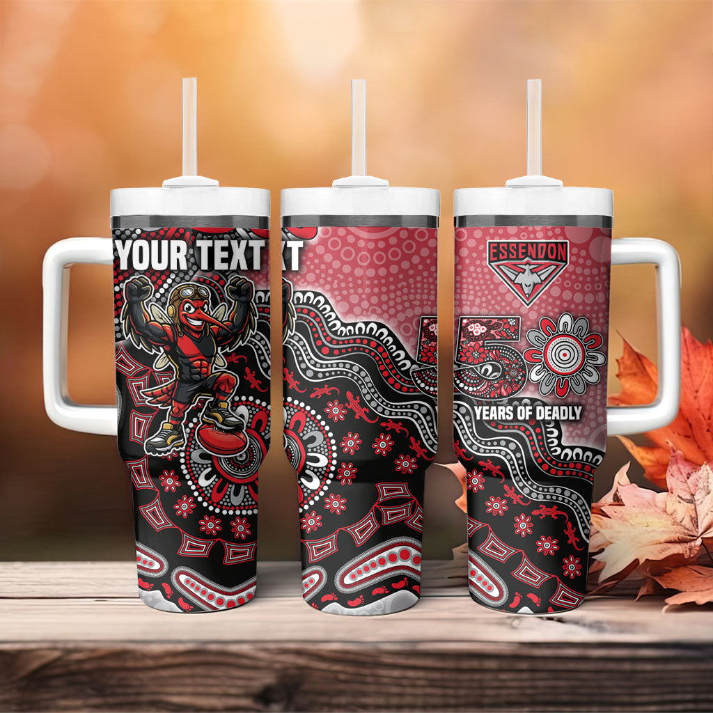 Personalized Essendon Bombers Mascot Tumbler With Handle Aboriginal Dot Art Style Vibrant Indigenous Pattern Design