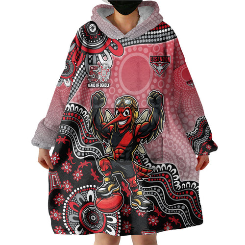 Personalized Essendon Bombers Mascot Wearable Blanket Hoodie Aboriginal Dot Art Style Vibrant Indigenous Pattern Design