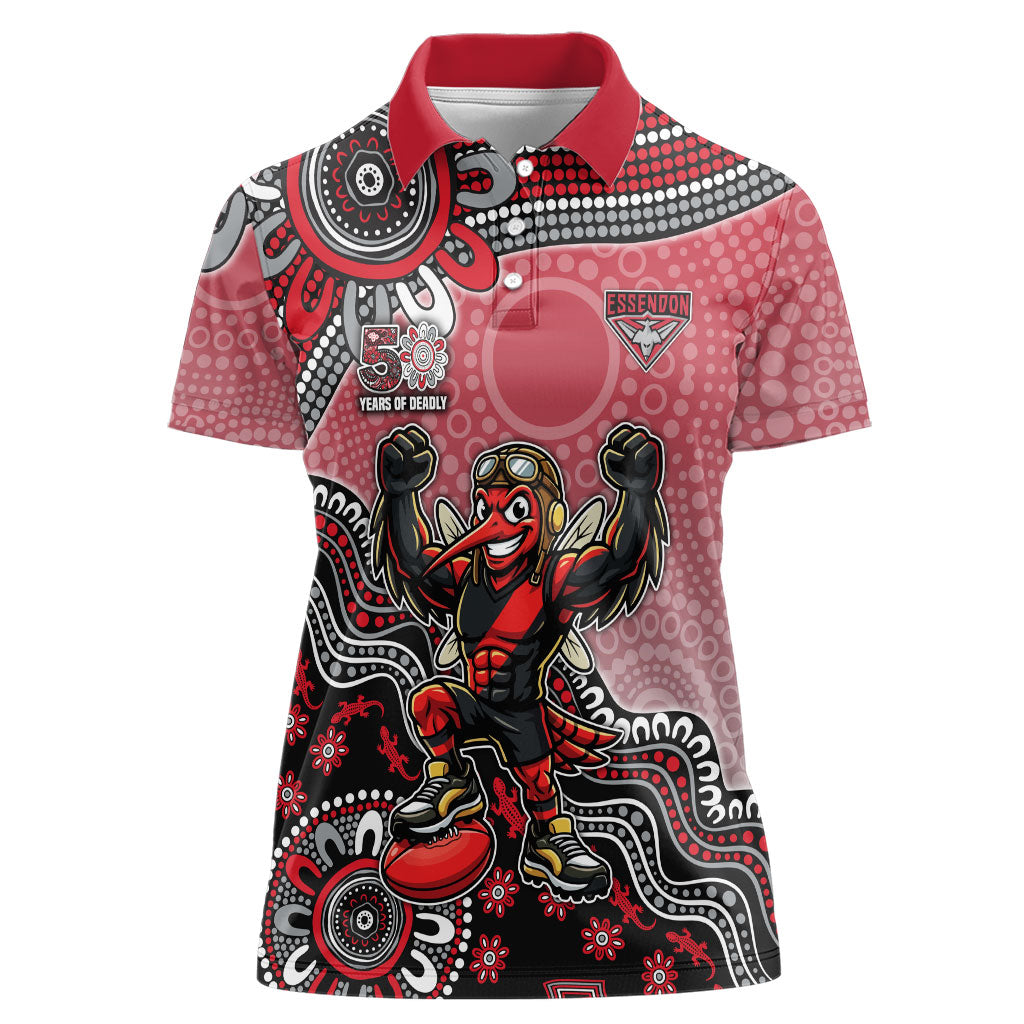 Personalized Essendon Bombers Mascot Women Polo Shirt Aboriginal Dot Art Style Vibrant Indigenous Pattern Design