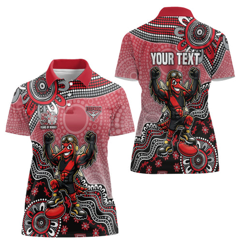 Personalized Essendon Bombers Mascot Women Polo Shirt Aboriginal Dot Art Style Vibrant Indigenous Pattern Design