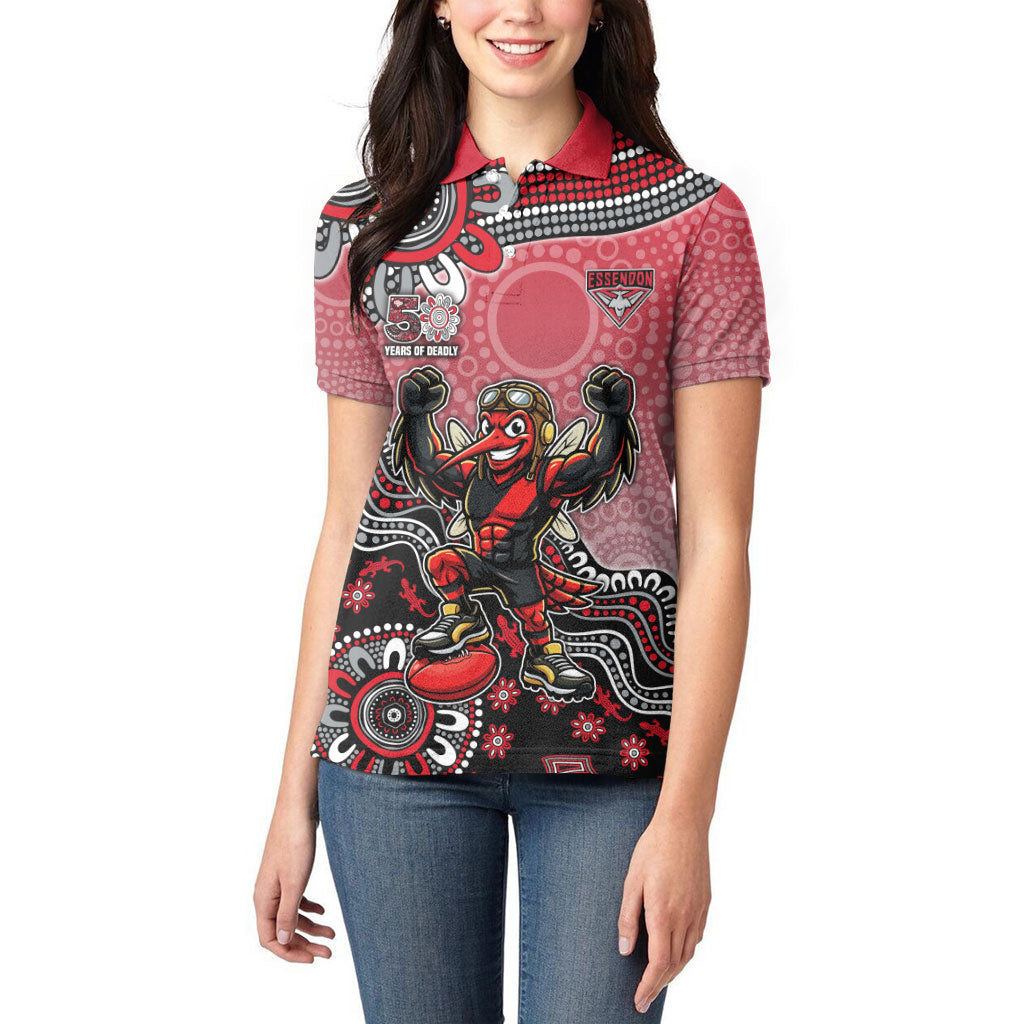 Personalized Essendon Bombers Mascot Women Polo Shirt Aboriginal Dot Art Style Vibrant Indigenous Pattern Design