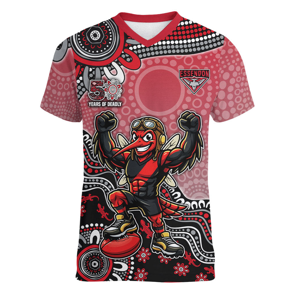 Personalized Essendon Bombers Mascot Women V-Neck T-Shirt Aboriginal Dot Art Style Vibrant Indigenous Pattern Design