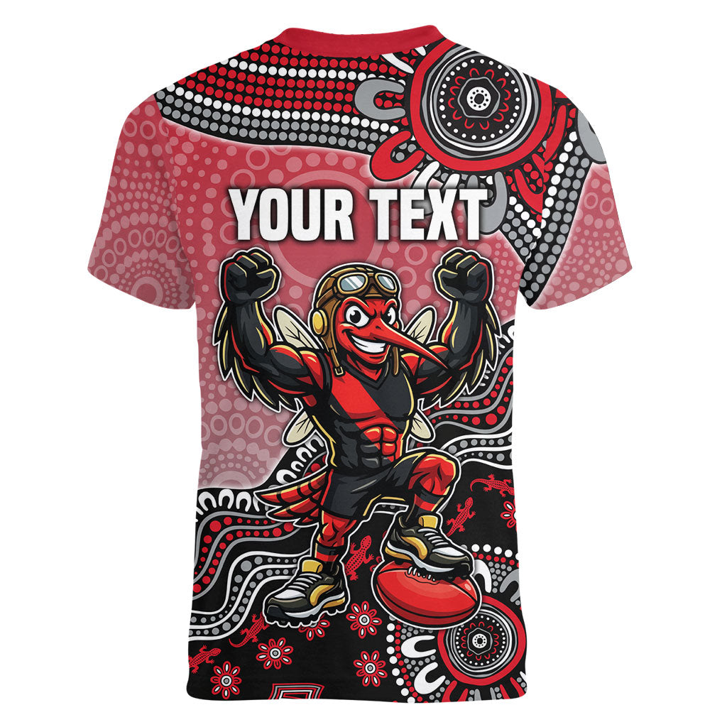 Personalized Essendon Bombers Mascot Women V-Neck T-Shirt Aboriginal Dot Art Style Vibrant Indigenous Pattern Design