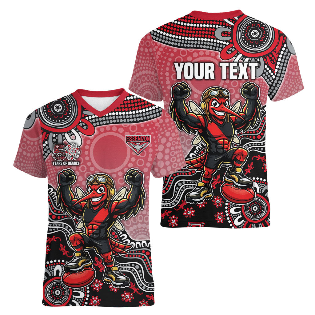 Personalized Essendon Bombers Mascot Women V-Neck T-Shirt Aboriginal Dot Art Style Vibrant Indigenous Pattern Design